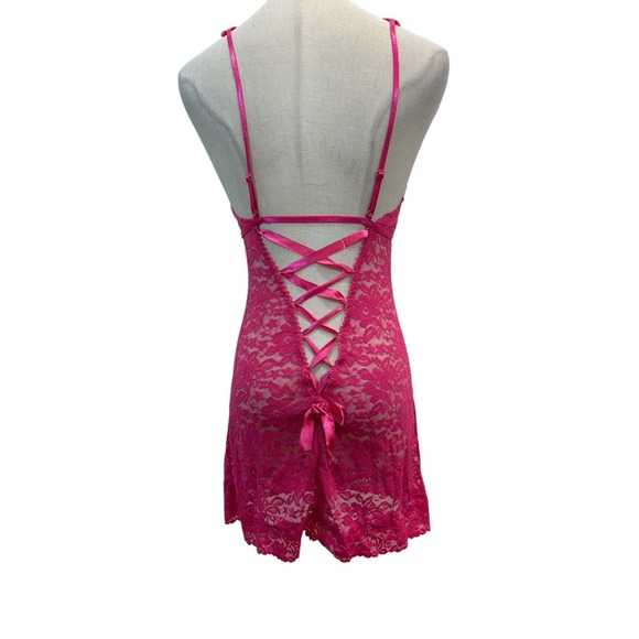 Lace Babydoll Nightie Pink Lace Up Back Sz M Lingerie Mini Dress Coquette Fairy - Picture 5 of 7